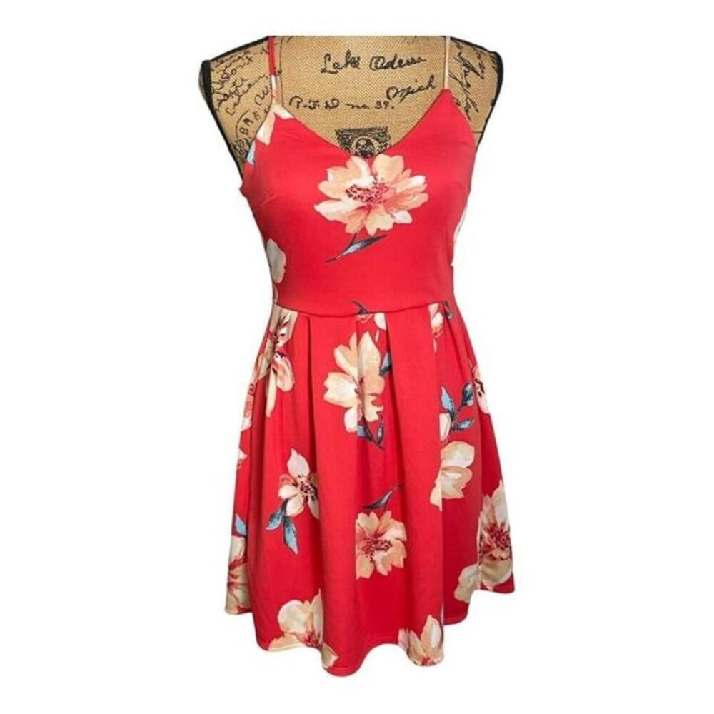 Monteau Floral A-Line‎ Spring Summer Dress Size Small Red Orange